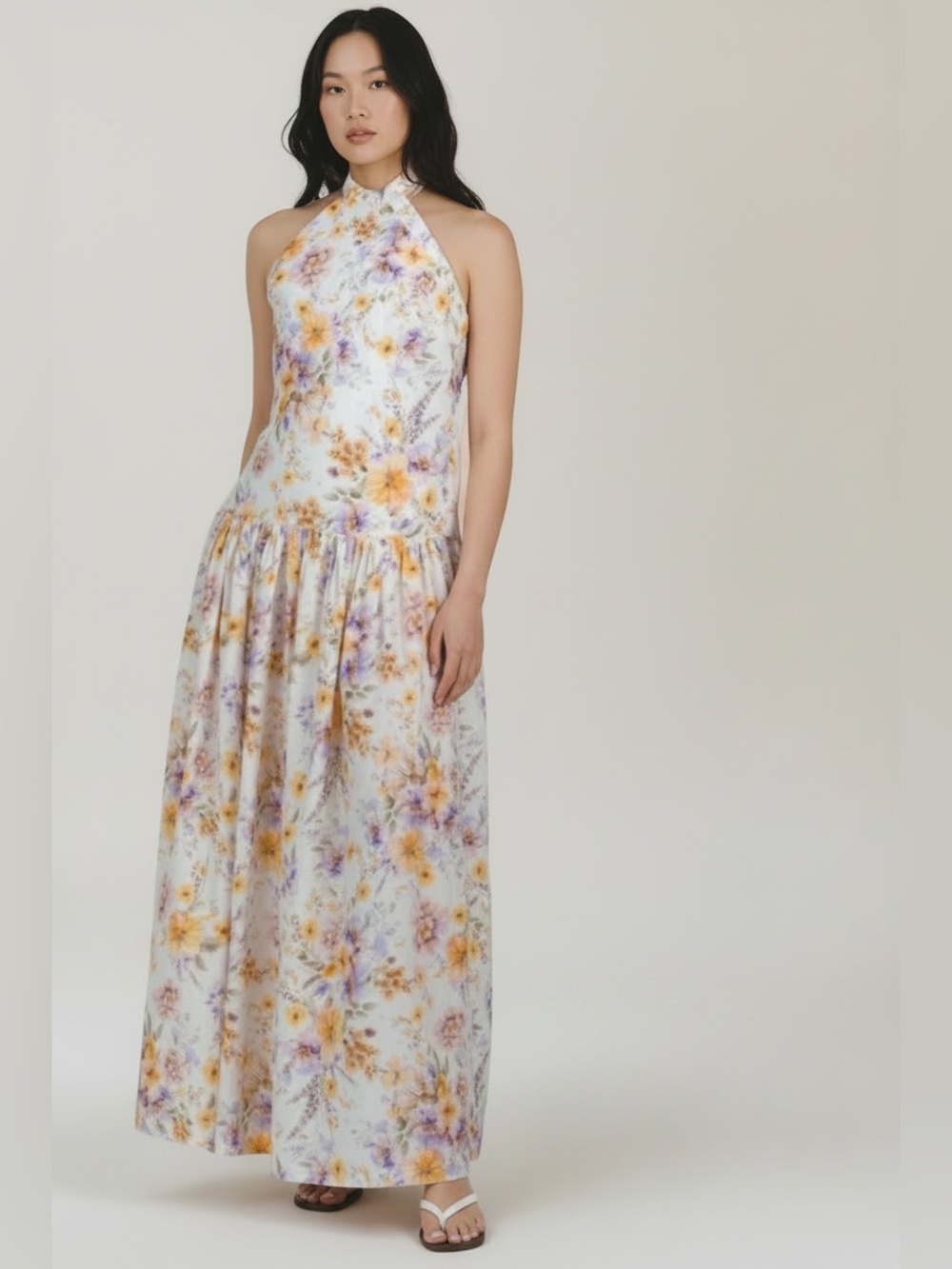$419 Aqua Blu Australia Lilas Floral Halter Backless Maxi Dress Yellow&Lavender